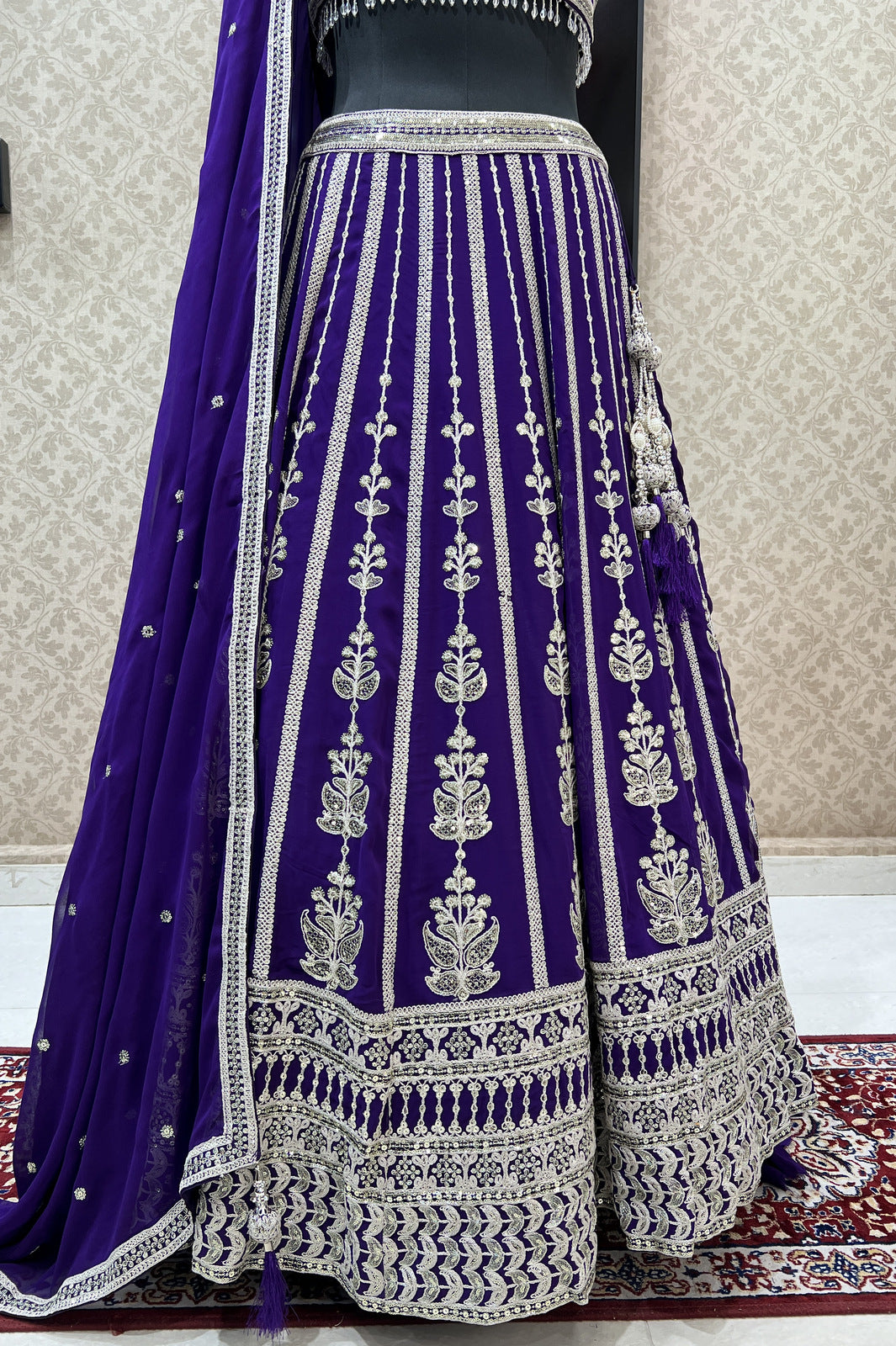 Purple Zari Thread, Sequins and Beads work Crop Top Designer Bridal Lehenga