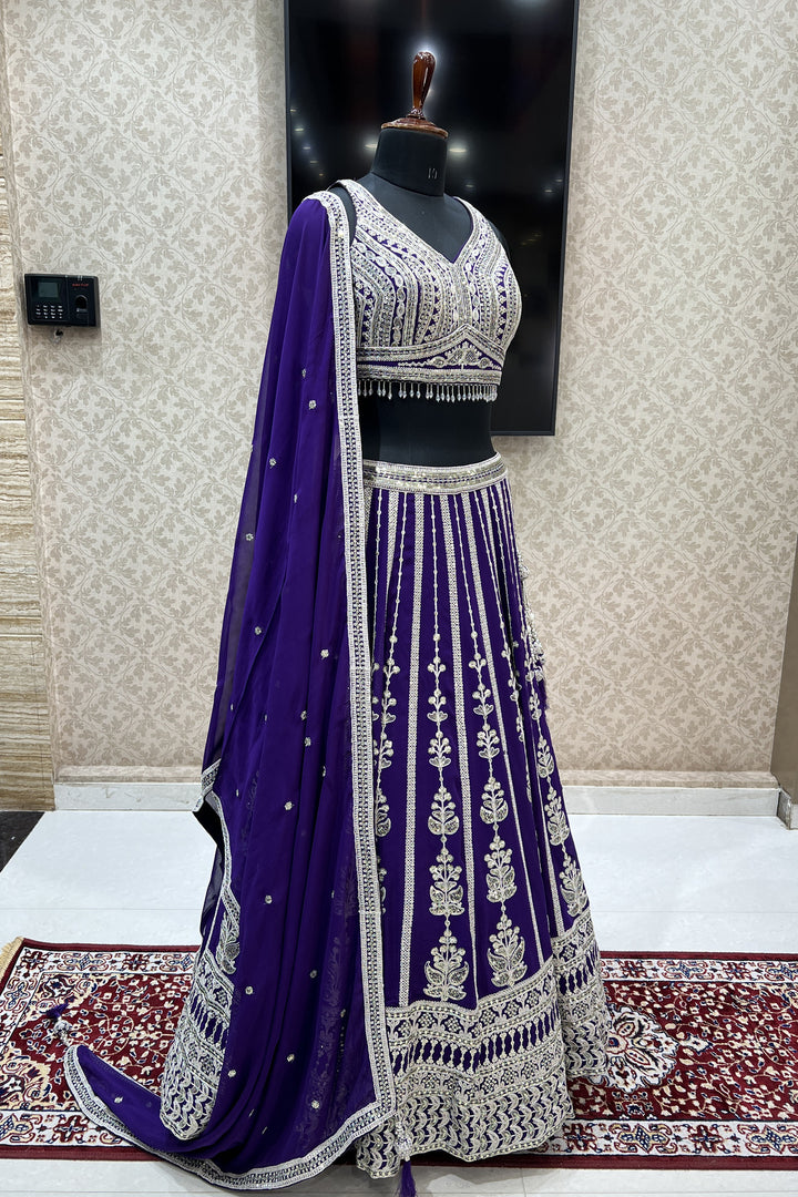 Purple Zari Thread, Sequins and Beads work Crop Top Designer Bridal Lehenga