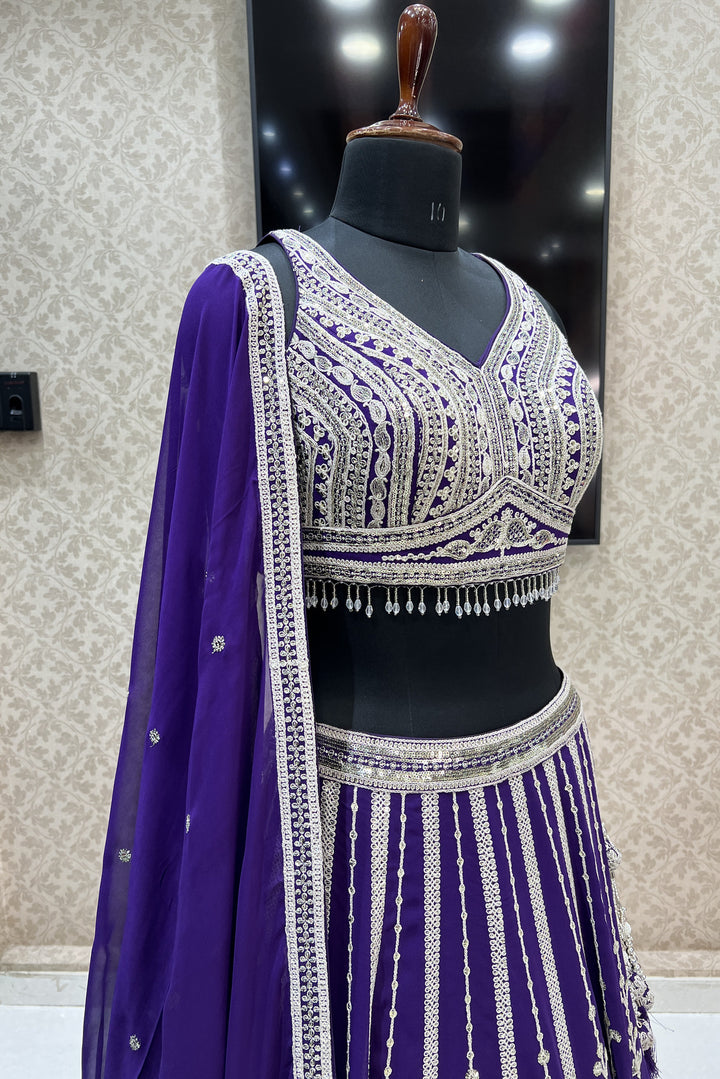 Purple Zari Thread, Sequins and Beads work Crop Top Designer Bridal Lehenga