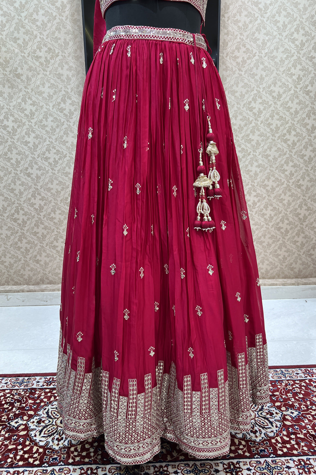 Rani Pink Zari and Sequins work Crop Top Lehenga