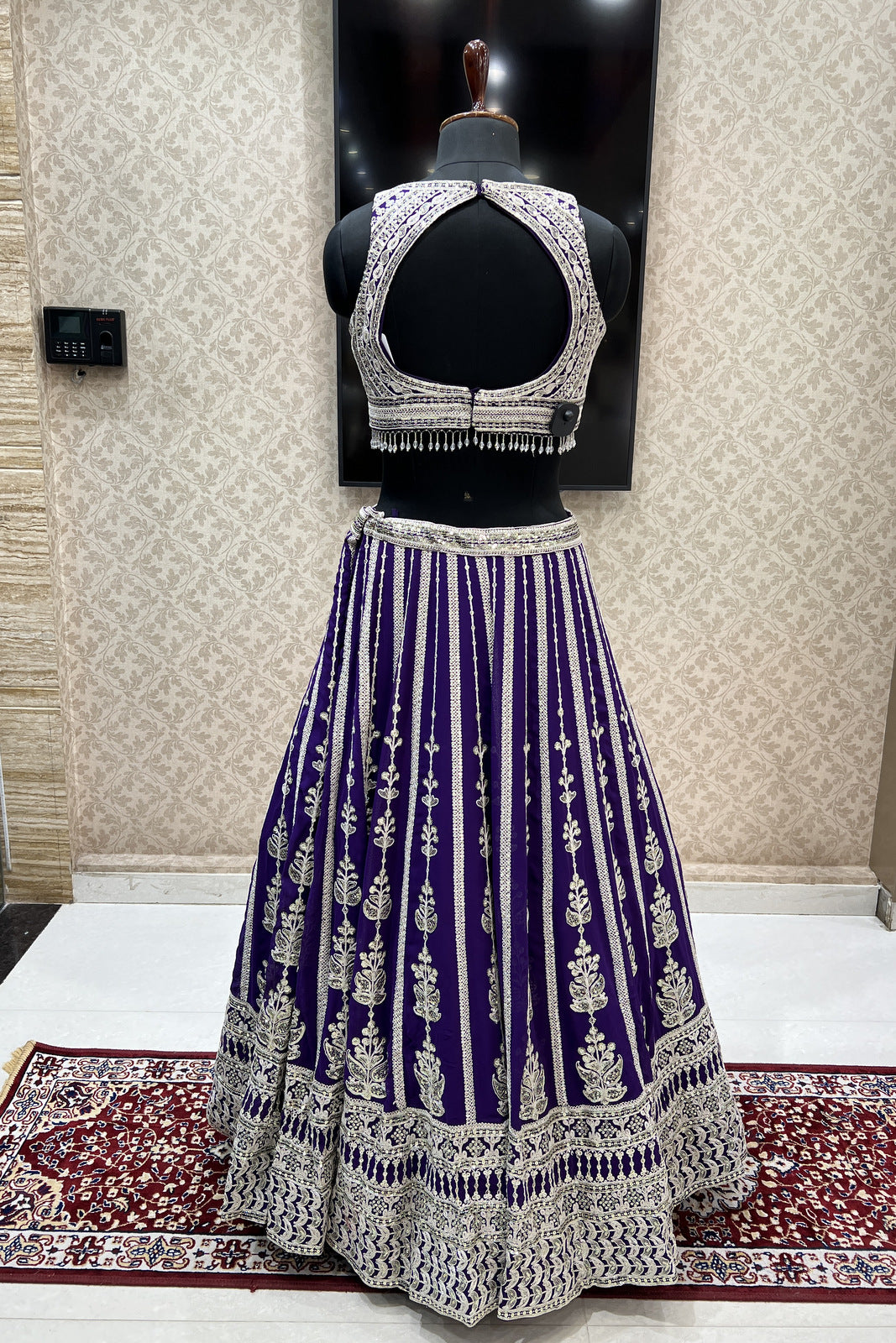 Purple Zari Thread, Sequins and Beads work Crop Top Designer Bridal Lehenga