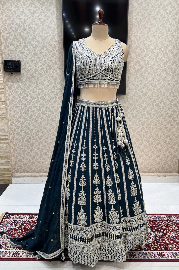 Peacock Blue Zari Thread, Sequins and Beads work Crop Top Designer Bridal Lehenga