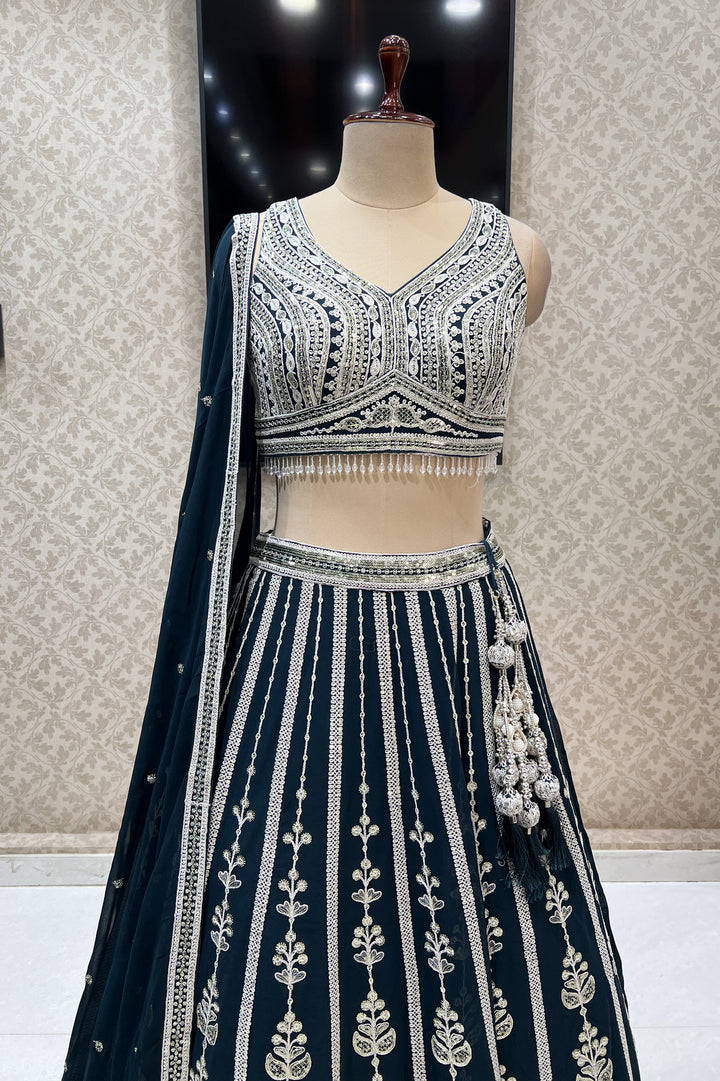 Peacock Blue Zari Thread, Sequins and Beads work Crop Top Designer Bridal Lehenga