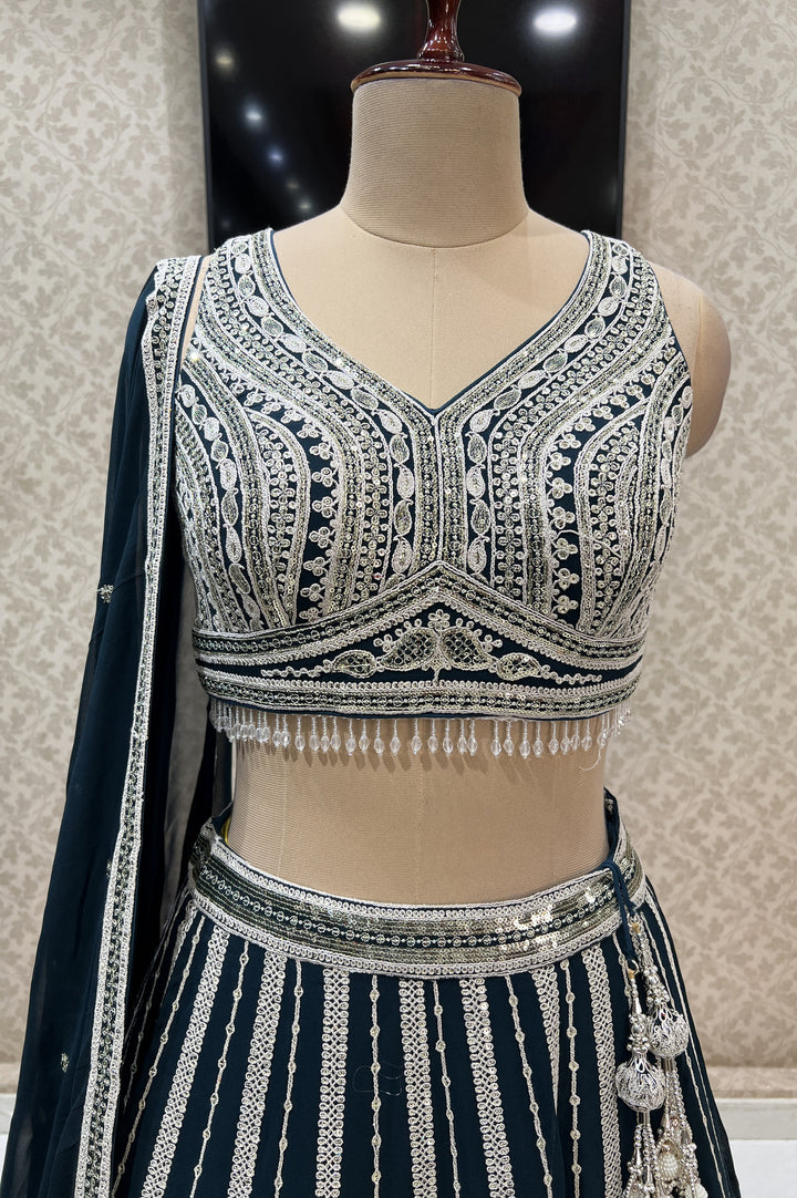 Peacock Blue Zari Thread, Sequins and Beads work Crop Top Designer Bridal Lehenga