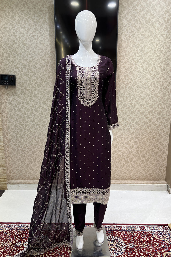 Wine Silver Zari, Thread and Sequins work Straight Cut Salwar Suit