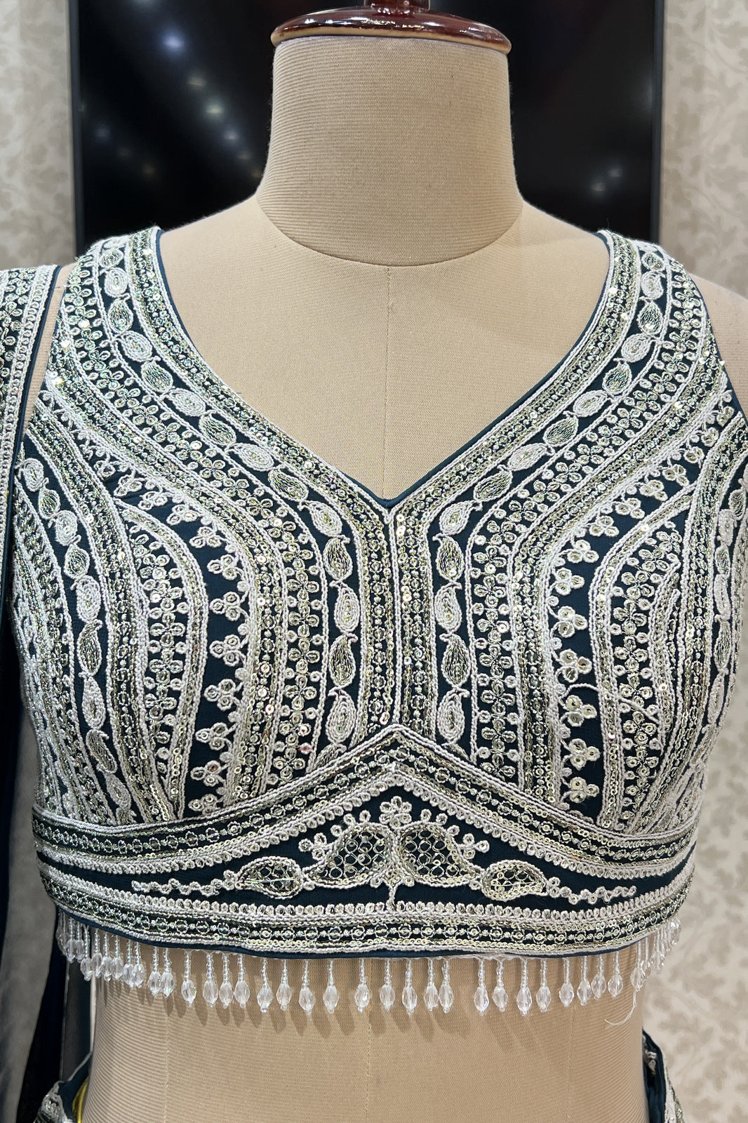 Peacock Blue Zari Thread, Sequins and Beads work Crop Top Designer Bridal Lehenga