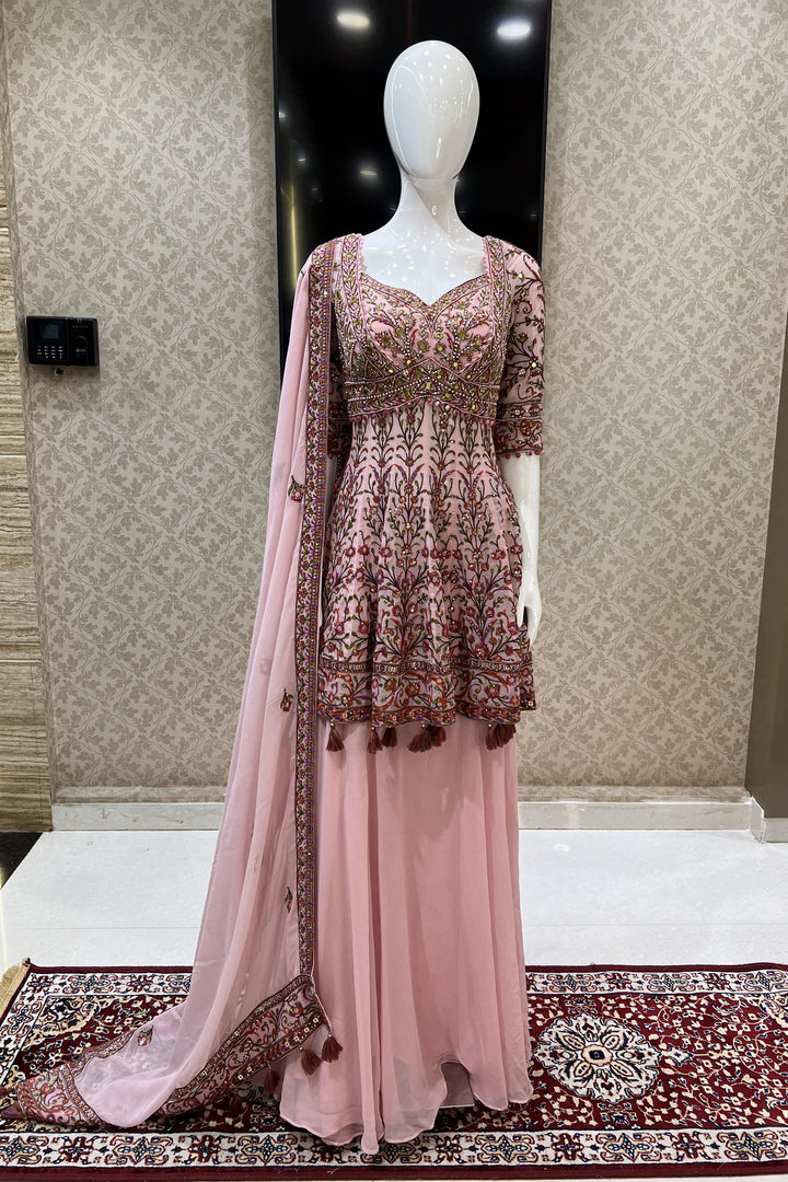 Baby Pink Multicolor Embroidery and Sequins work Peplum Top with Palazzo Suit Set