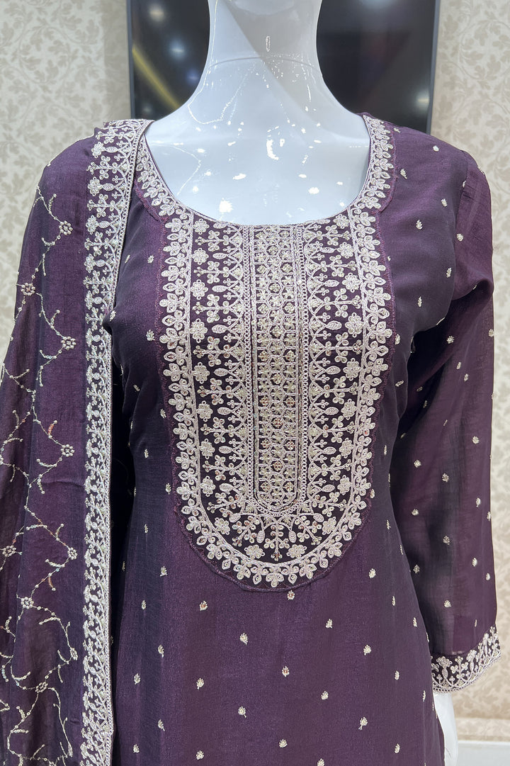 Wine Silver Zari, Thread and Sequins work Straight Cut Salwar Suit