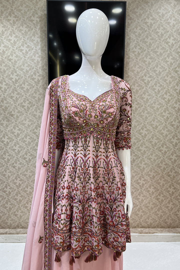 Baby Pink Multicolor Embroidery and Sequins work Peplum Top with Palazzo Suit Set