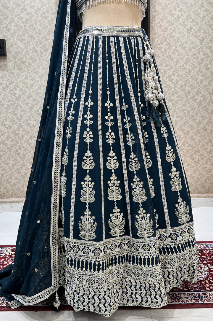 Peacock Blue Zari Thread, Sequins and Beads work Crop Top Designer Bridal Lehenga