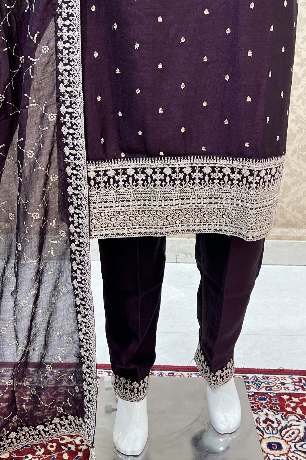 Wine Silver Zari, Thread and Sequins work Straight Cut Salwar Suit