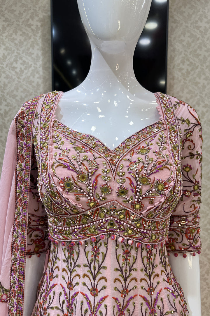 Baby Pink Multicolor Embroidery and Sequins work Peplum Top with Palazzo Suit Set