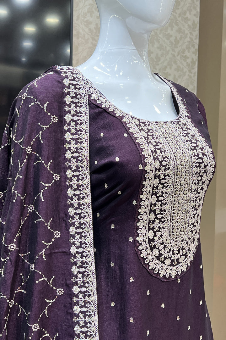 Wine Silver Zari, Thread and Sequins work Straight Cut Salwar Suit