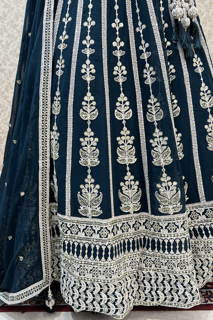 Peacock Blue Zari Thread, Sequins and Beads work Crop Top Designer Bridal Lehenga