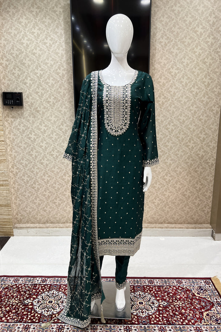 Bottle Green Silver Zari, Thread and Sequins work Straight Cut Salwar Suit