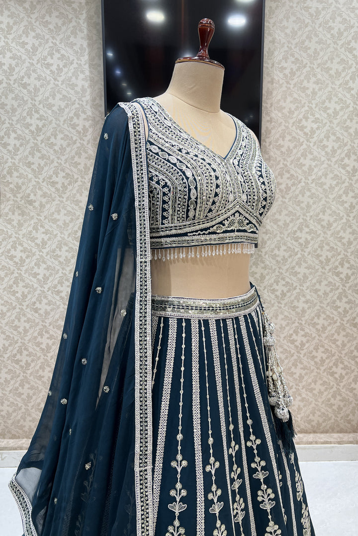 Peacock Blue Zari Thread, Sequins and Beads work Crop Top Designer Bridal Lehenga