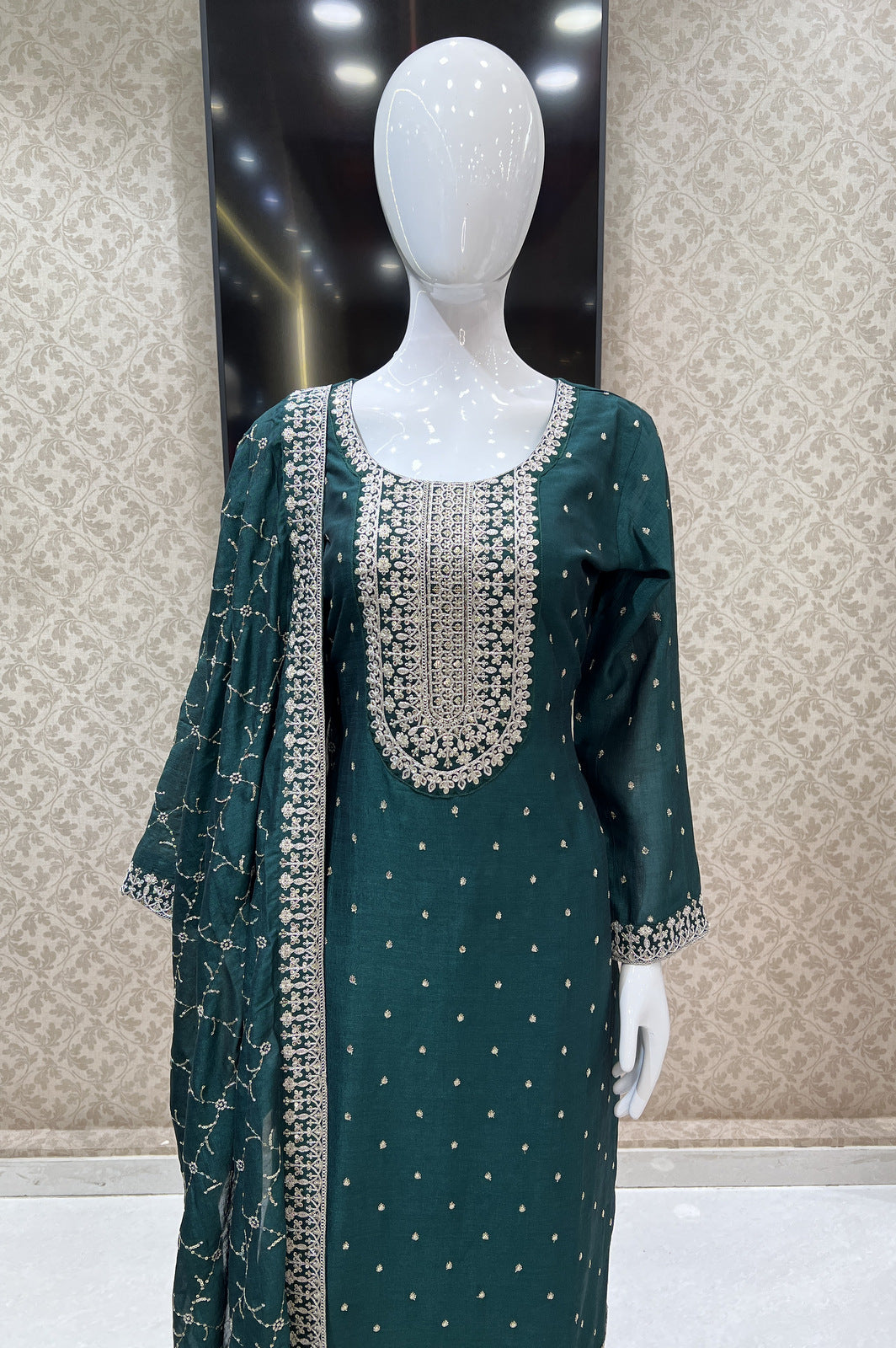 Bottle Green Silver Zari, Thread and Sequins work Straight Cut Salwar Suit