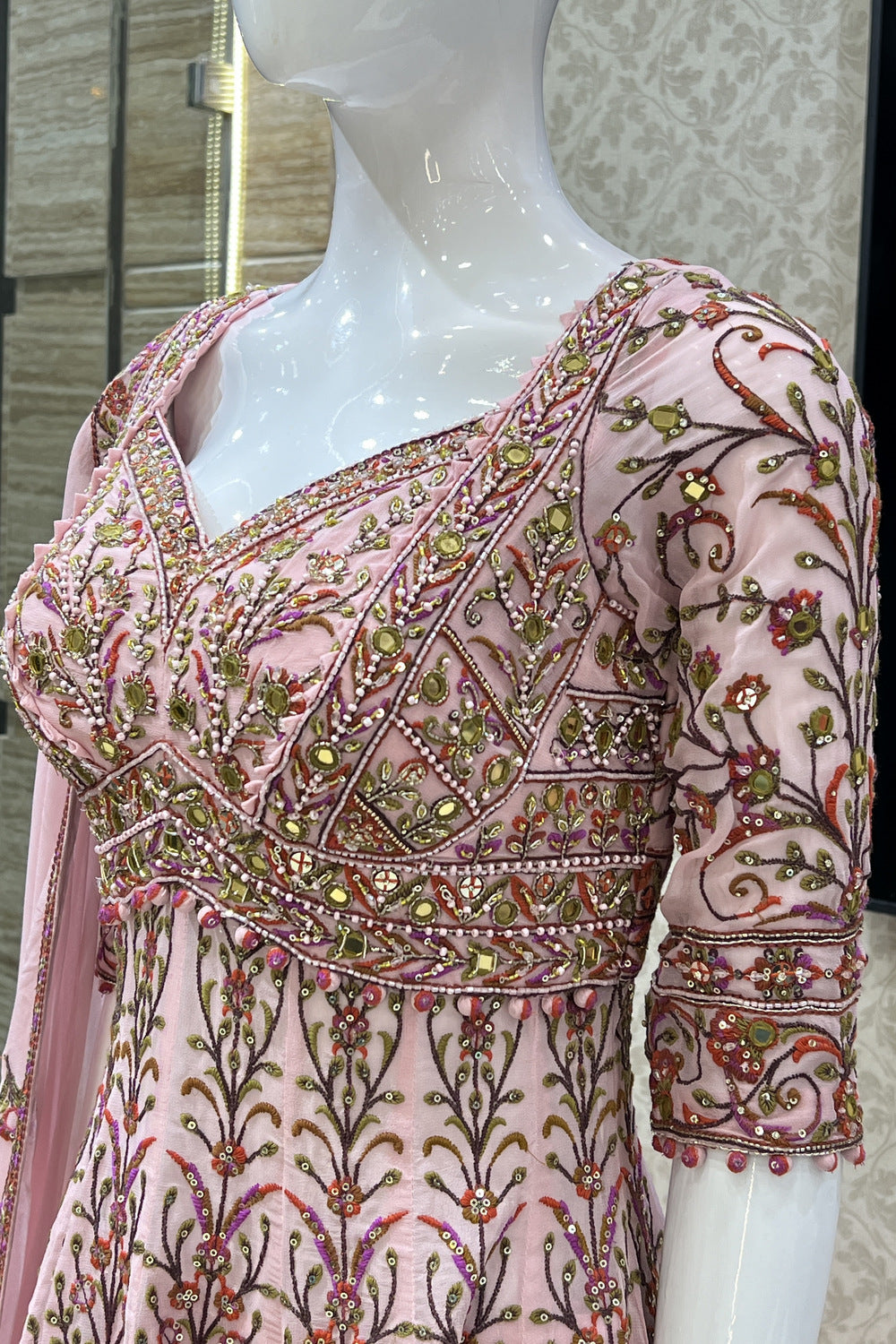 Baby Pink Multicolor Embroidery and Sequins work Peplum Top with Palazzo Suit Set