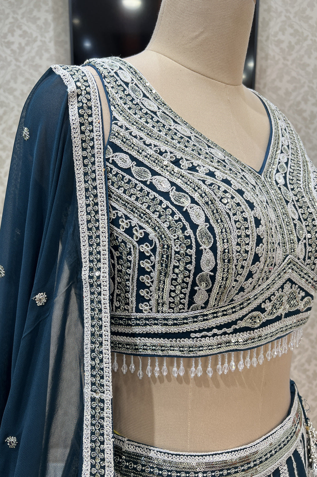 Peacock Blue Zari Thread, Sequins and Beads work Crop Top Designer Bridal Lehenga