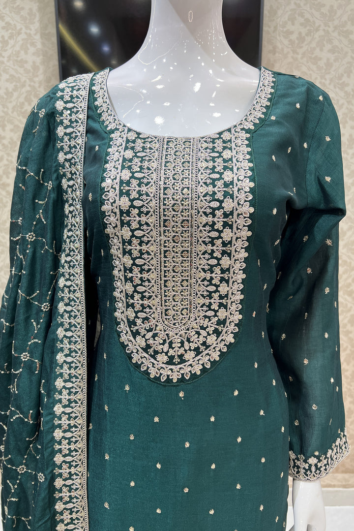 Bottle Green Silver Zari, Thread and Sequins work Straight Cut Salwar Suit