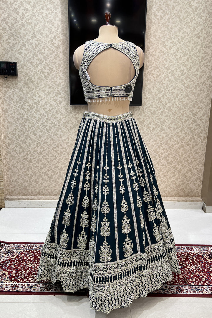 Peacock Blue Zari Thread, Sequins and Beads work Crop Top Designer Bridal Lehenga