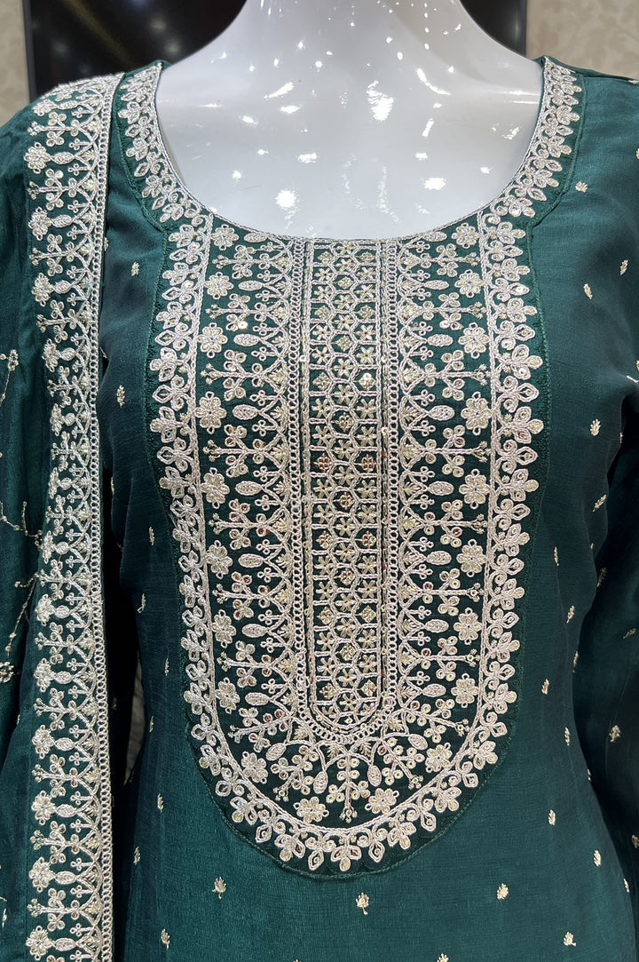 Bottle Green Silver Zari, Thread and Sequins work Straight Cut Salwar Suit