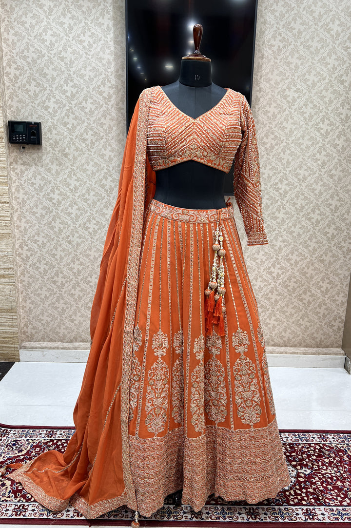 Rust Pearl, Sequins and Zari work Crop Top Designer Bridal Lehenga