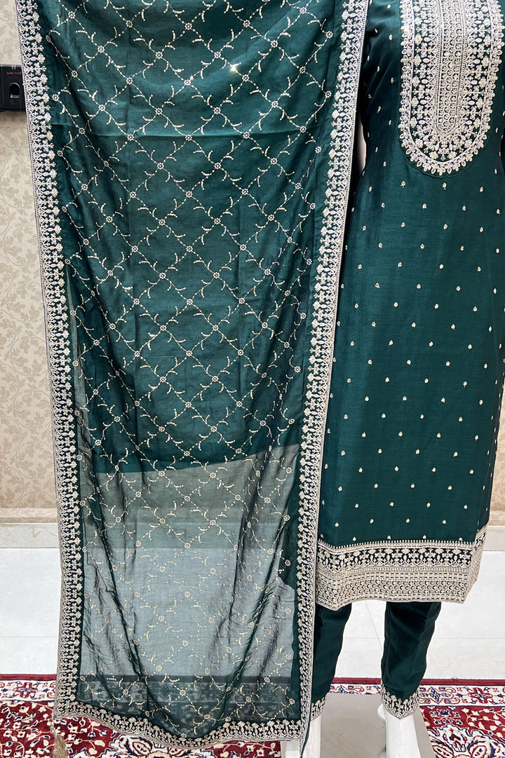 Bottle Green Silver Zari, Thread and Sequins work Straight Cut Salwar Suit