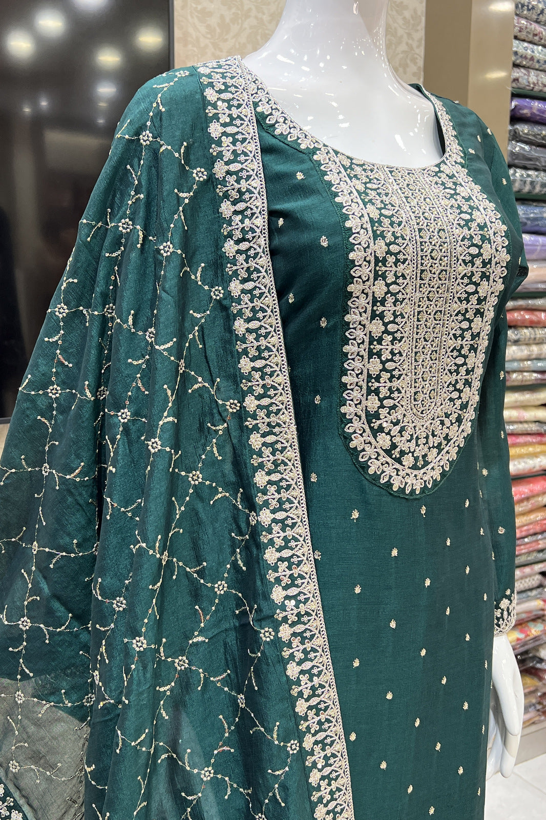 Bottle Green Silver Zari, Thread and Sequins work Straight Cut Salwar Suit