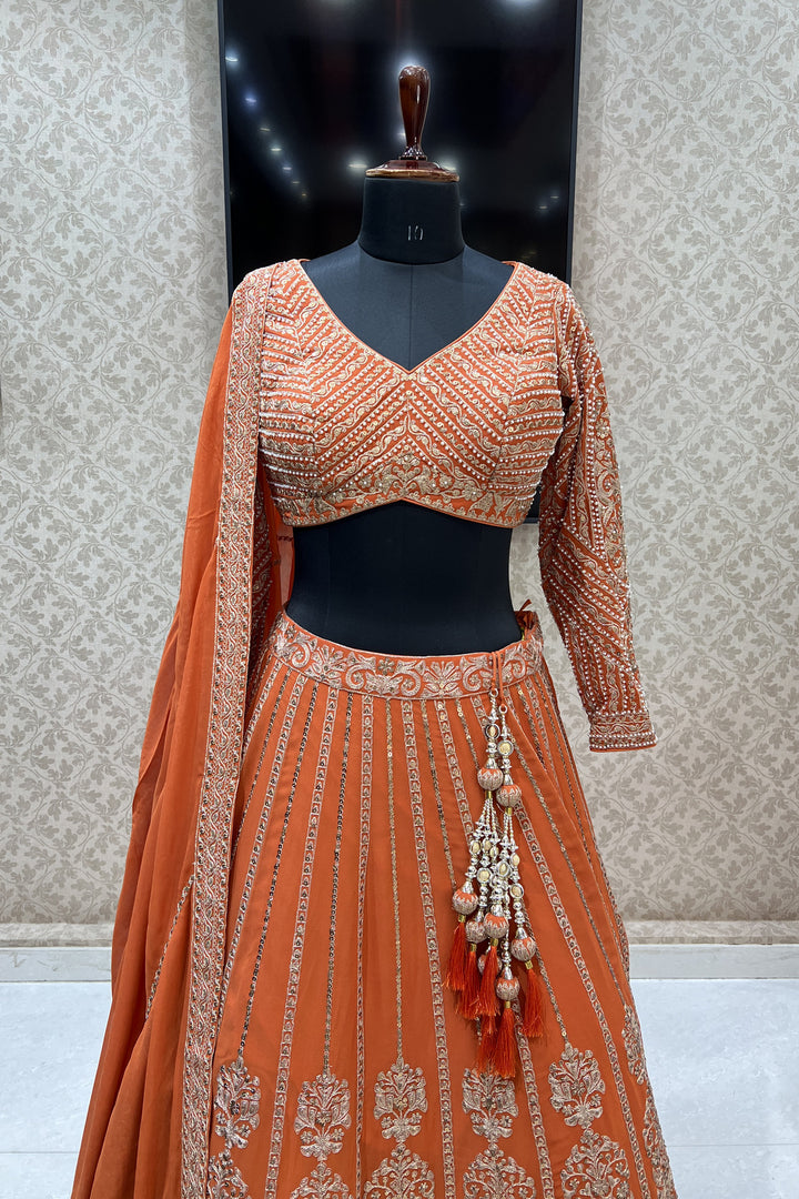 Rust Pearl, Sequins and Zari work Crop Top Designer Bridal Lehenga