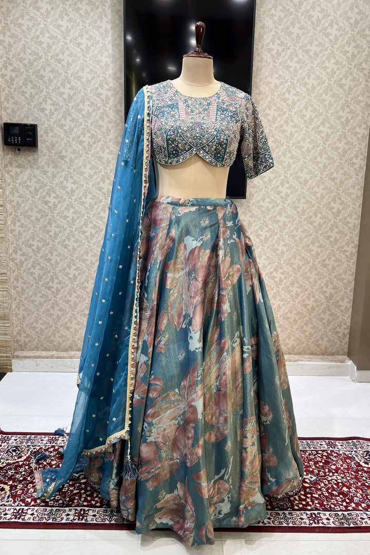 Tealish Green Beads, Zardozi, Sequins and Mirror work with Digital Print Crop Top Lehenga