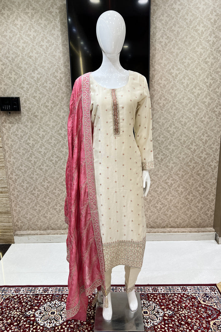 Cream Zari, Sequins, Mirror, Beads and Zardozi work Straight Cut Salwar Suit