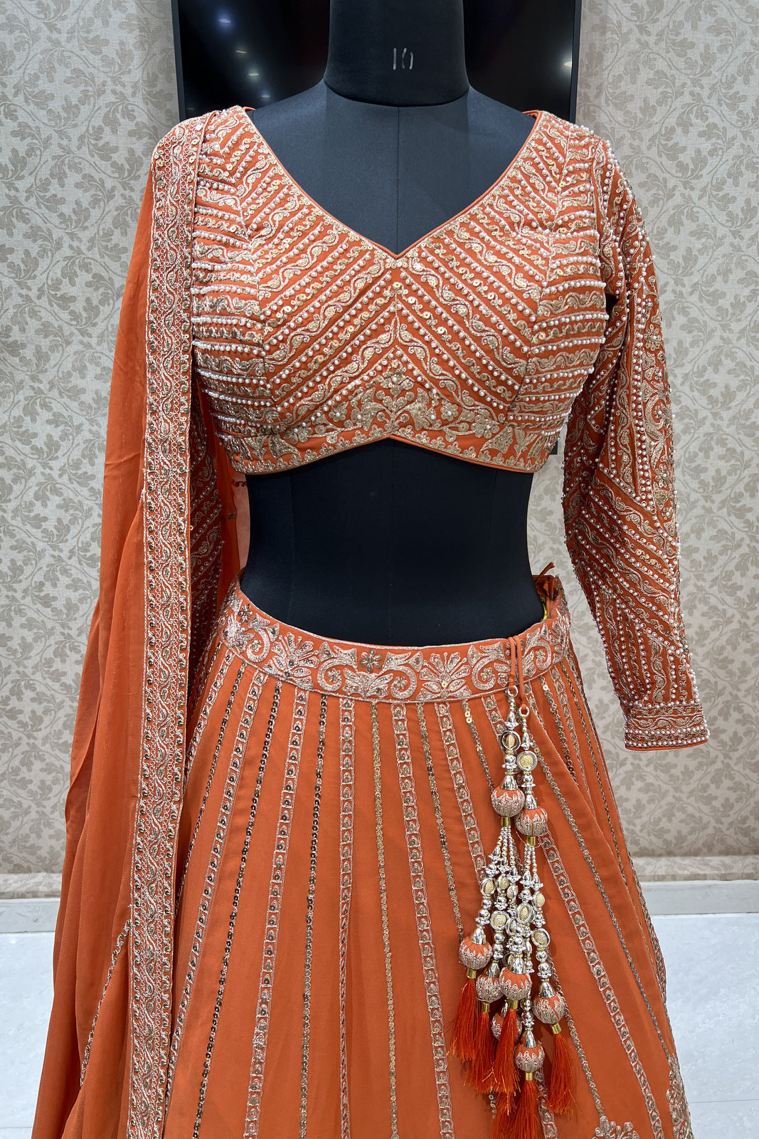 Rust Pearl, Sequins and Zari work Crop Top Designer Bridal Lehenga