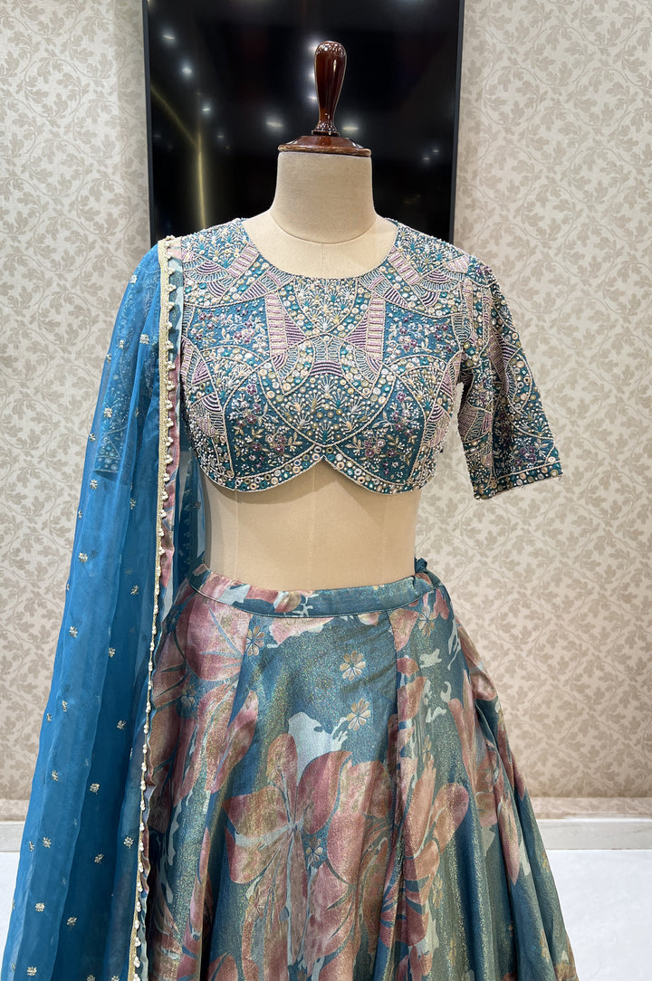 Tealish Green Beads, Zardozi, Sequins and Mirror work with Digital Print Crop Top Lehenga