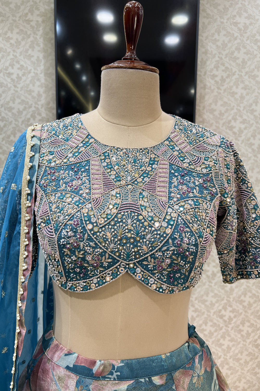 Tealish Green Beads, Zardozi, Sequins and Mirror work with Digital Print Crop Top Lehenga