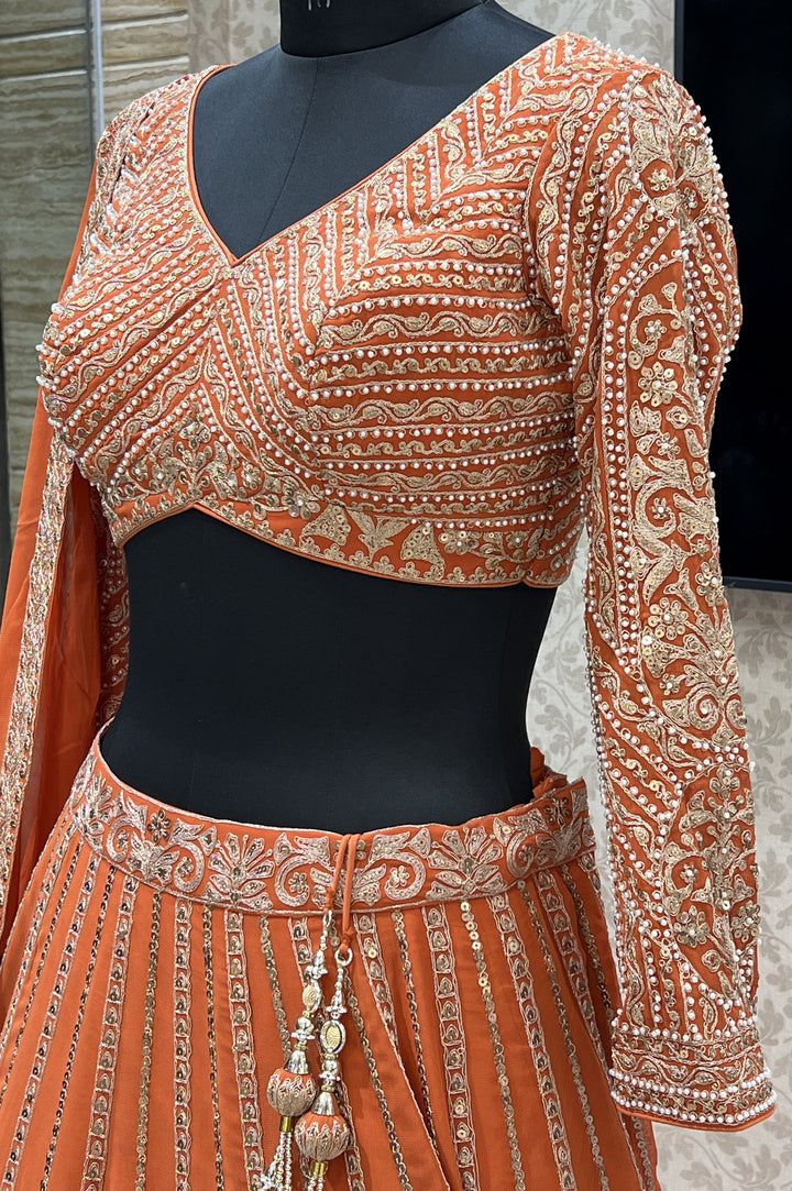 Rust Pearl, Sequins and Zari work Crop Top Designer Bridal Lehenga