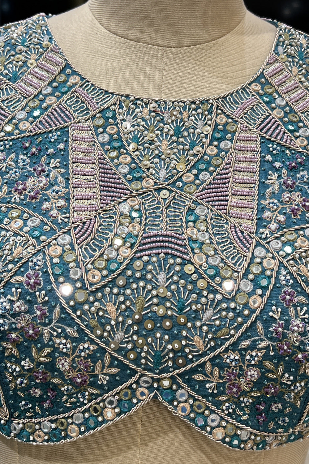 Tealish Green Beads, Zardozi, Sequins and Mirror work with Digital Print Crop Top Lehenga