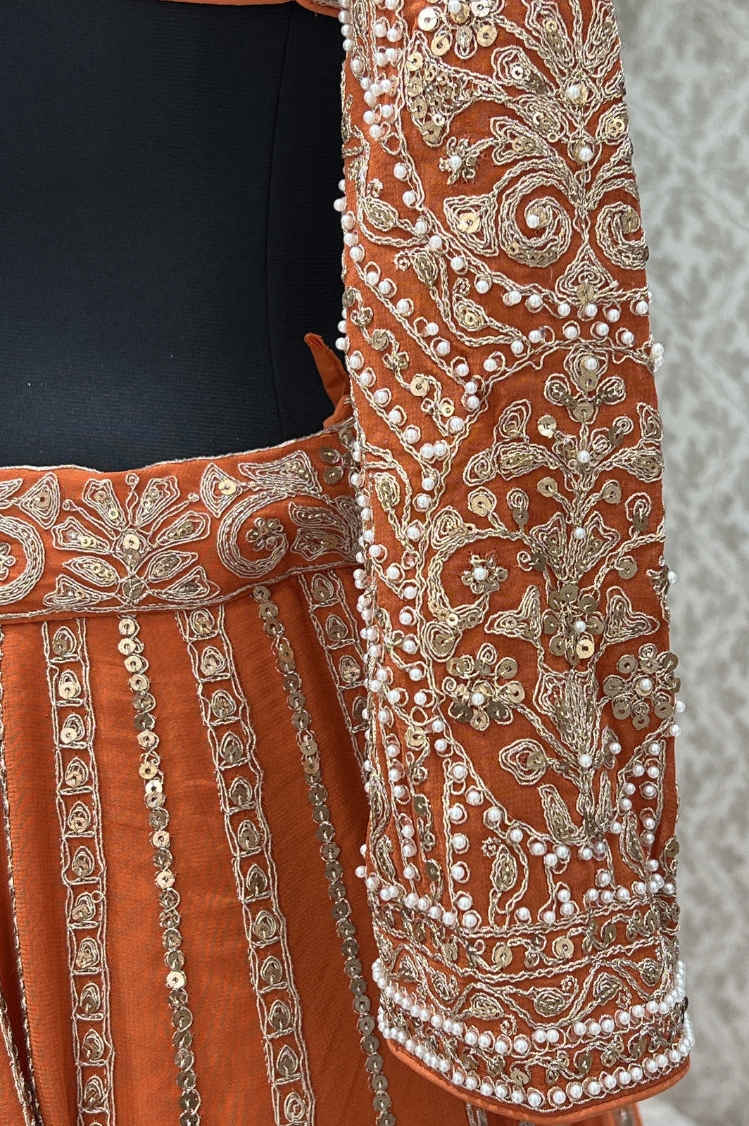 Rust Pearl, Sequins and Zari work Crop Top Designer Bridal Lehenga