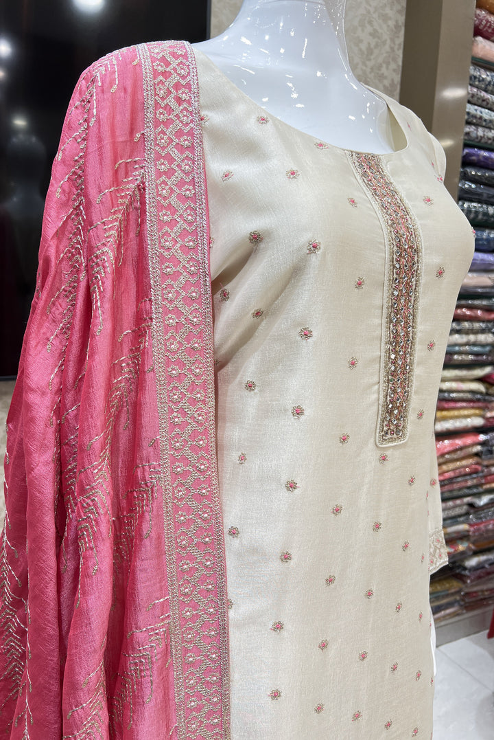 Cream Zari, Sequins, Mirror, Beads and Zardozi work Straight Cut Salwar Suit