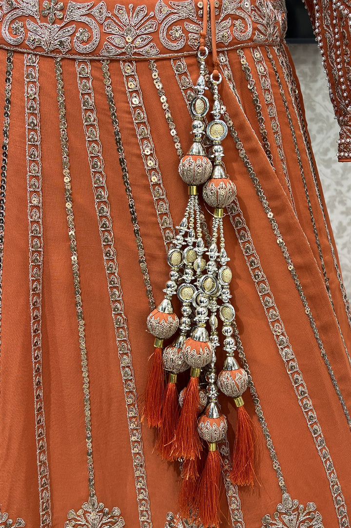 Rust Pearl, Sequins and Zari work Crop Top Designer Bridal Lehenga