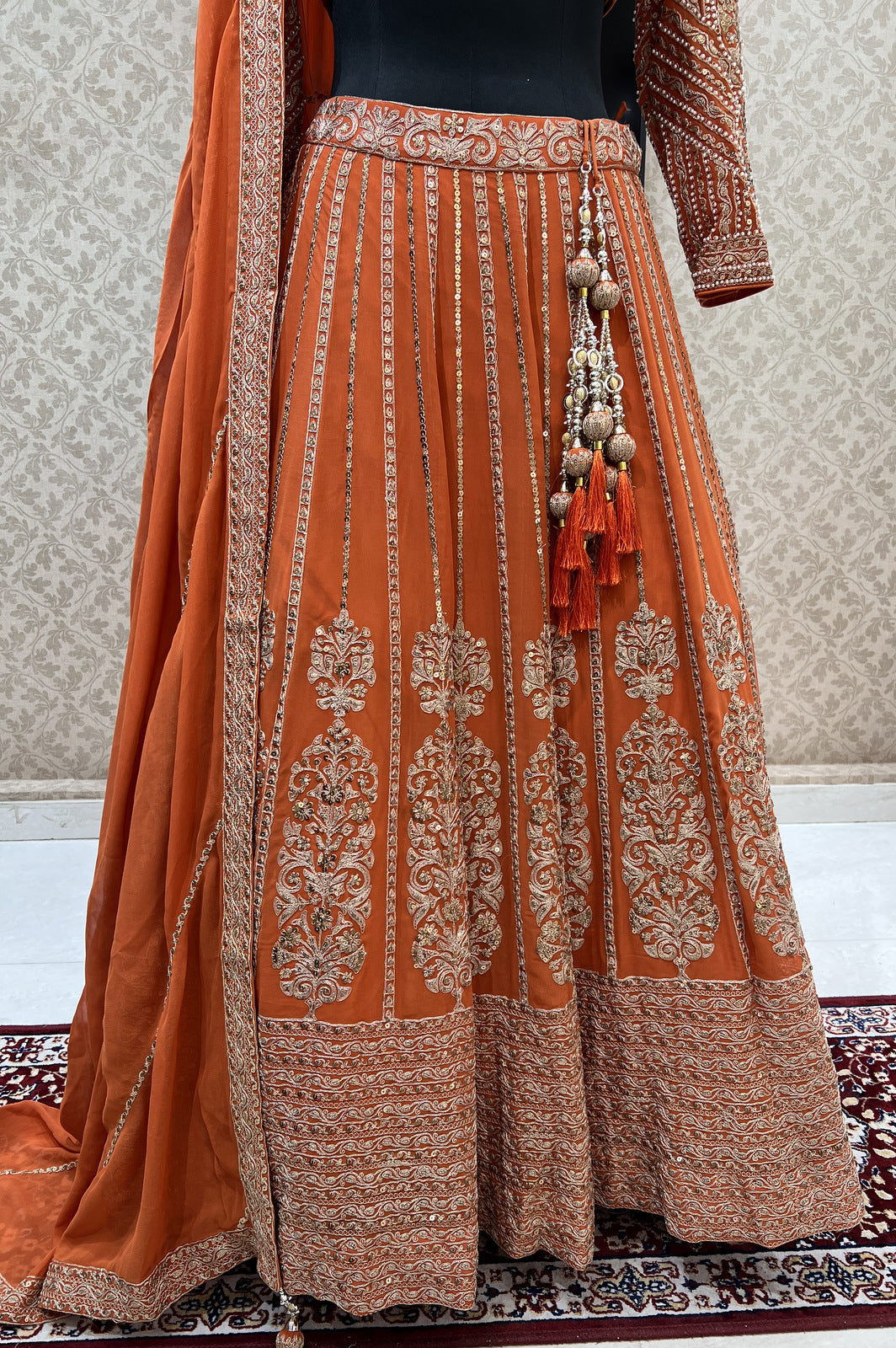 Rust Pearl, Sequins and Zari work Crop Top Designer Bridal Lehenga