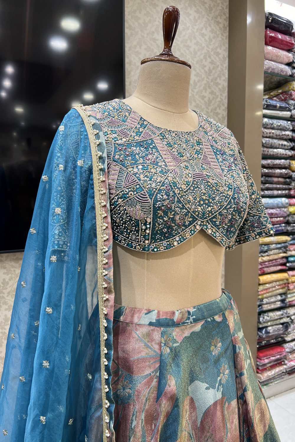 Tealish Green Beads, Zardozi, Sequins and Mirror work with Digital Print Crop Top Lehenga