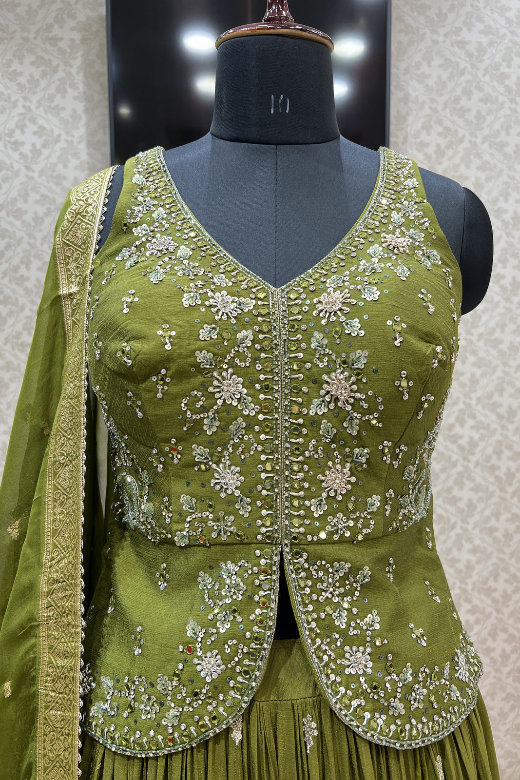 Mehendi Green Sequins, Beads, Mirror, Banaras and Stone work Peplum Style Lehenga