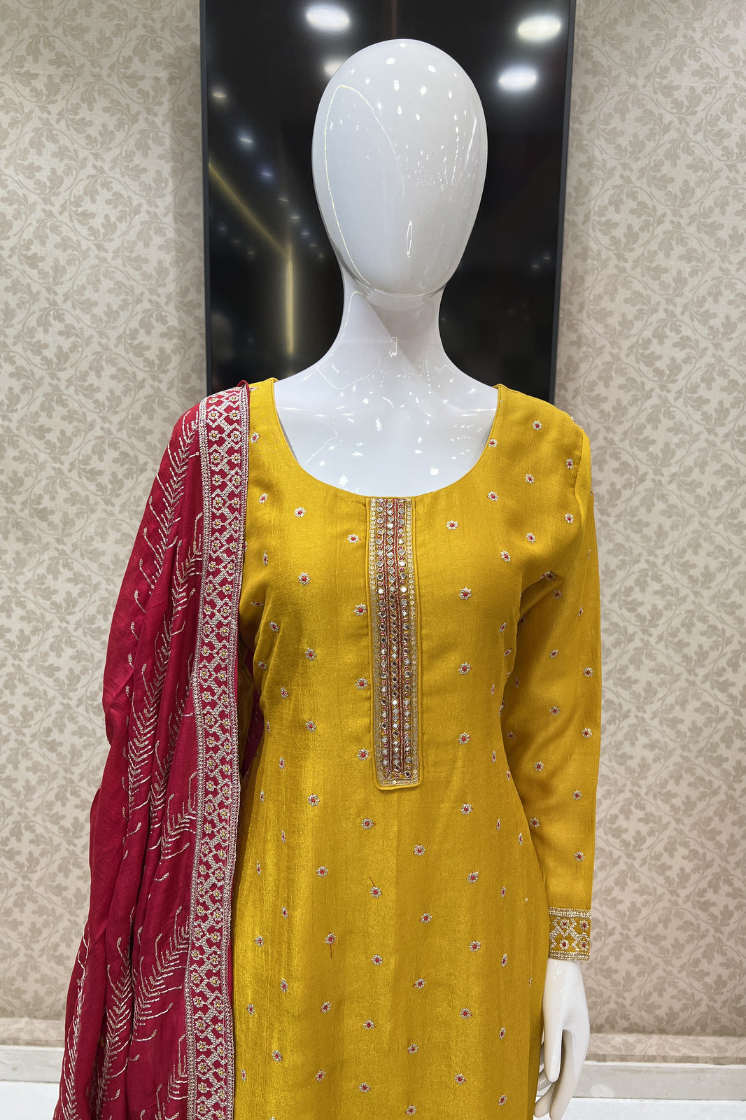 Mustard Zari, Sequins, Mirror, Beads and Zardozi work Straight Cut Salwar Suit