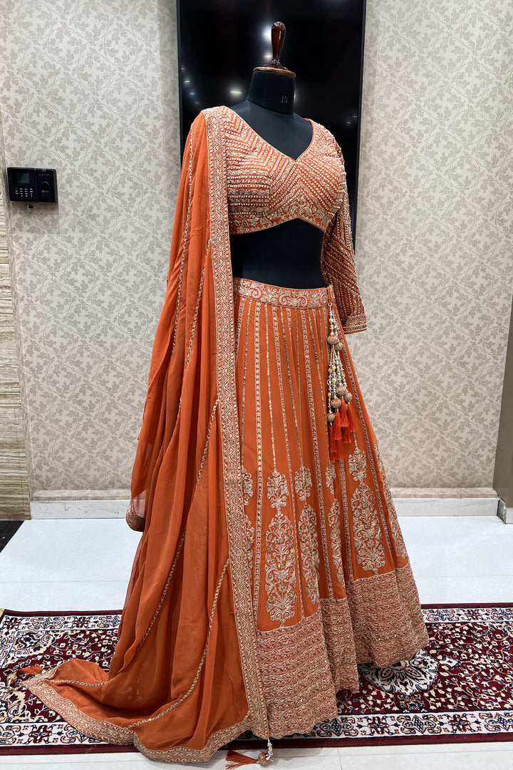 Rust Pearl, Sequins and Zari work Crop Top Designer Bridal Lehenga