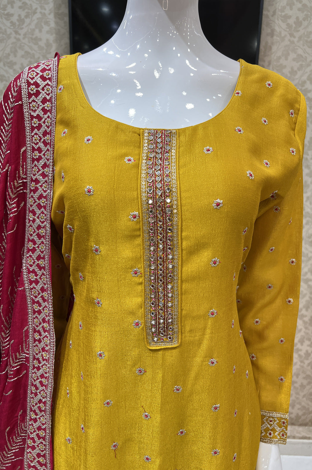 Mustard Zari, Sequins, Mirror, Beads and Zardozi work Straight Cut Salwar Suit