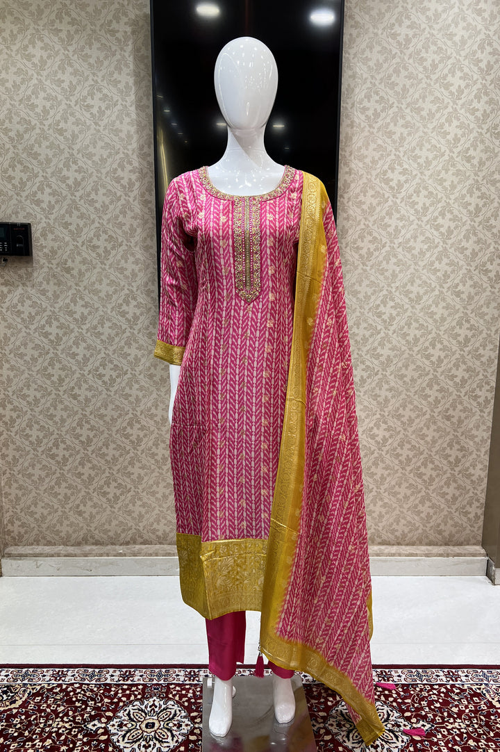 Pink Banaras, Zardozi and Sequins work Organza Straight Cut Salwar Suit