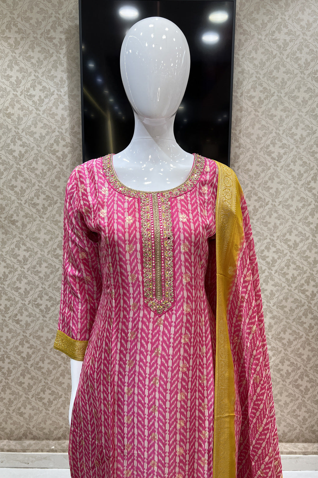 Pink Banaras, Zardozi and Sequins work Organza Straight Cut Salwar Suit