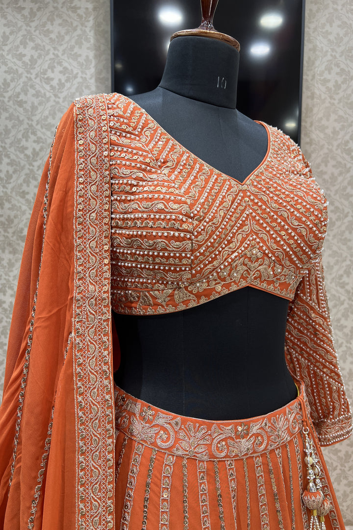 Rust Pearl, Sequins and Zari work Crop Top Designer Bridal Lehenga