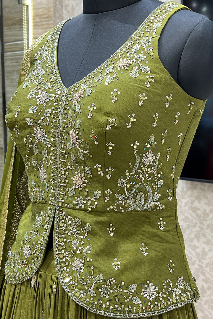 Mehendi Green Sequins, Beads, Mirror, Banaras and Stone work Peplum Style Lehenga